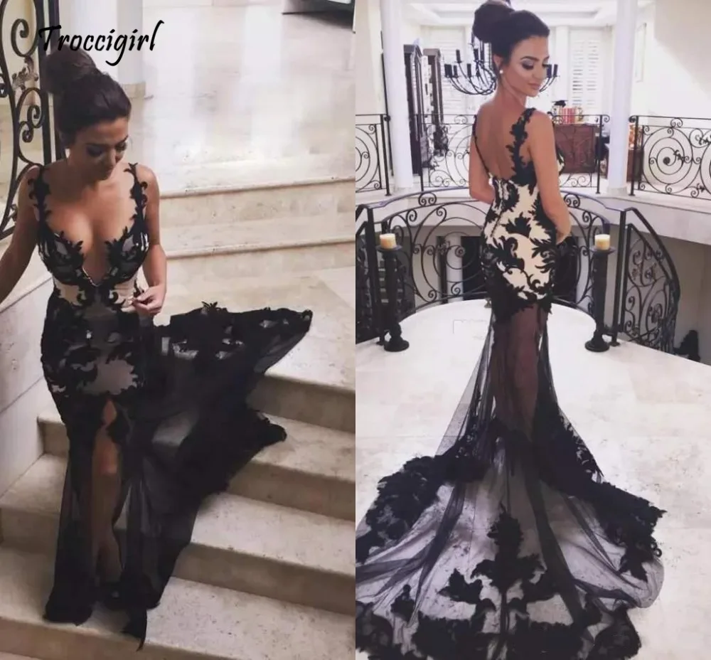 26-1               2018 New Sexy Black Mermaid Evening Dresses Appliques Tulle Backless Sleeveless Lace Deep V-Neck Formal Evening Gowns Prom Dresses