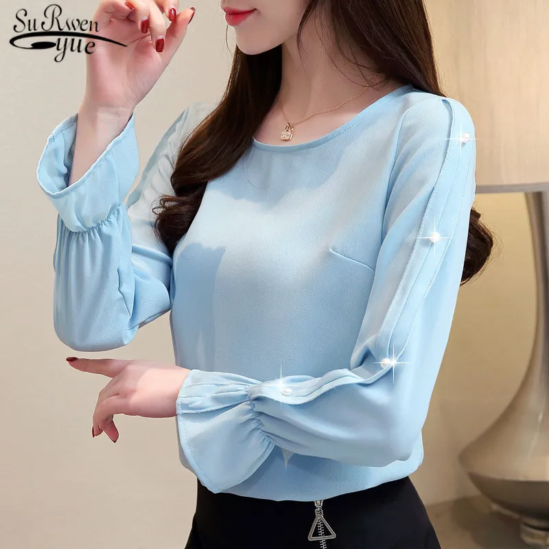 

blusas mujer de moda 2019 womens tops and blouses women's blouses Solid Beading O-Neck Flare Sleeve women shirts 1879 50