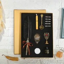 1Set English Calligraphy Feather Dip Pen Writing Ink Set Stationery Gift Box with 5 Nib Fountain Pen Ink rosewood pen holder with ink fount special for english caligraphy dip pen