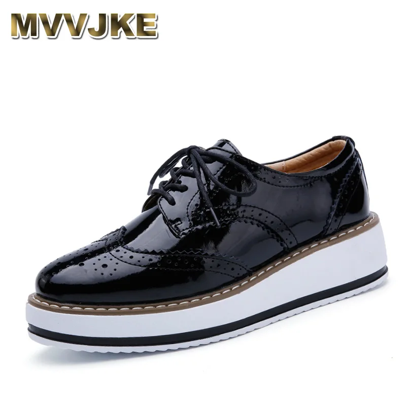 

MVVJKE handmade patent leather flat shoes women flats spring autumn carved embossed round toe platform women oxford shoes A053