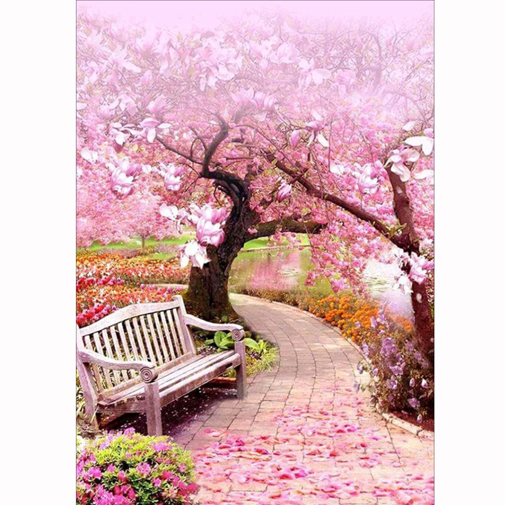 New Diy Diamond Painting Cross Stitch Pink Cherry Blossom Scenery Diamond Embroidery Full Square Rhinestones Embroidery Home Art