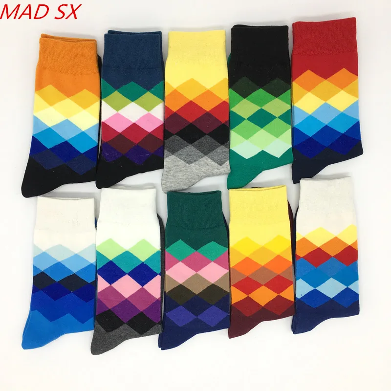 

10 pair men Colorful Happy Socks Argyle Three-dimensional Tube Geometric Funny Combed Cotton Socks Fashion Designer Style