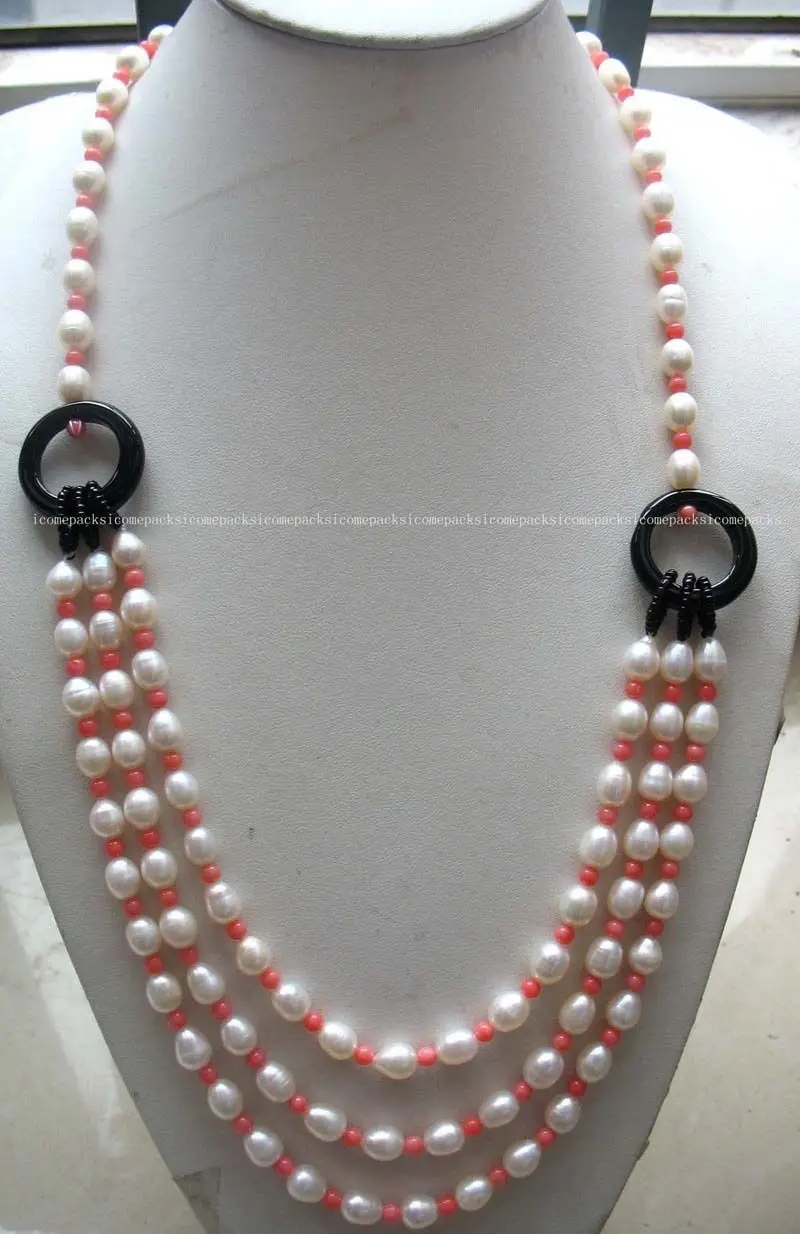 

wholesale 3rows fresh water 9-10mm white pearl &4mm pink coral necklace 27.5