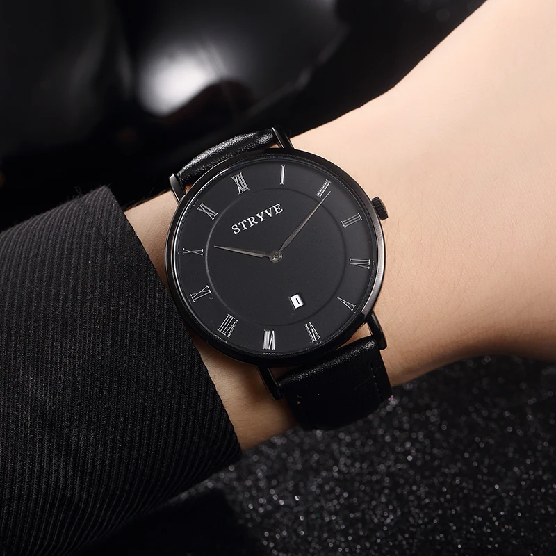 Simple Ultra-thin Watersproof Quartz Wrist Watch High Quality Leather Apan Movement Reloj Watch Calendar 7mm Thick Best Gifts