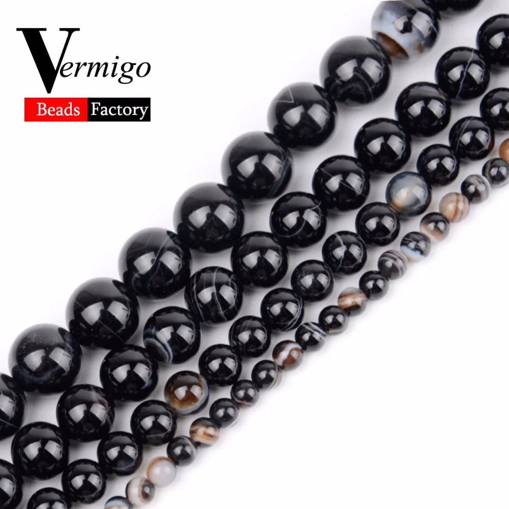 

Free shipping Natural Agates Stone Beads Smooth Black Stripe Onyx Round Loose Spacer Beads For Jewelry Making Diy Bracelet4-12mm
