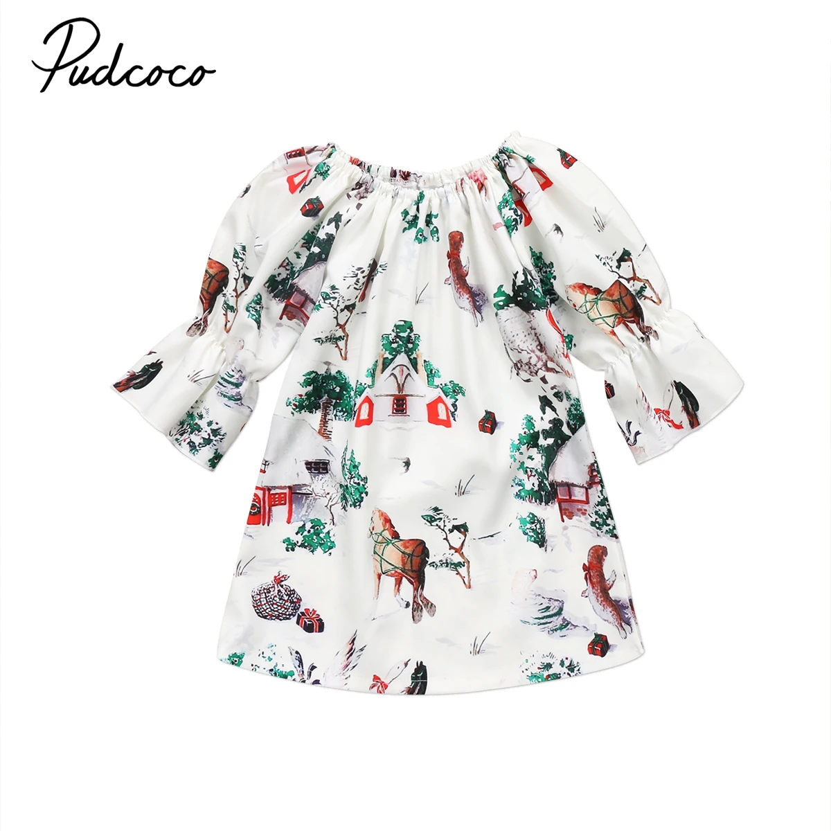 

1-6Y christmas kid baby girl dress autumn long sleeves deer snow print kid girls dress xmas baby clothes ruffle princess dress