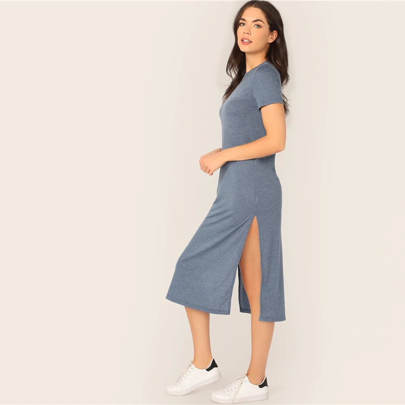 SweatyRocks Solid Split Side Tee Dress Summer Streetwear Blue Dresses Women Casual Short Sleeve Long Dress