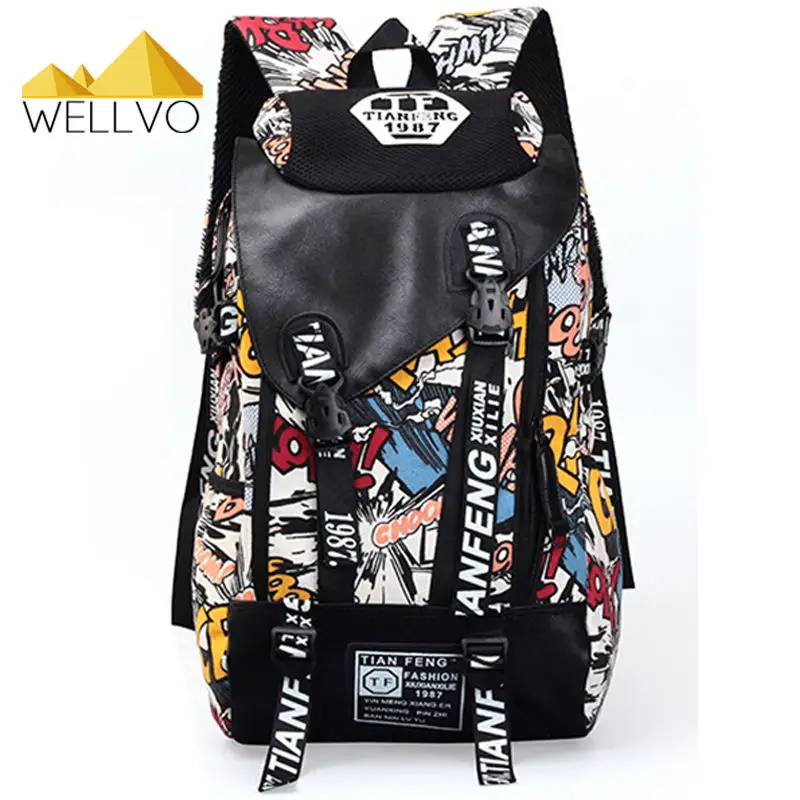 Graffiti Laptop Backpack Men Canvas Backpacks Teenage Boys Large School Bag Cartoon Letters Printing Travel Bags