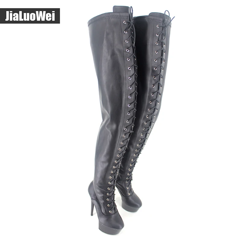 Jialuowei/Сапоги для стриптиза на очень высоком каблуке-шпильке 15 см, на платформе, до бедра, черного цвета, из латекса, на шнуровке пикантная обувь на каблуках для женщин размера плюс