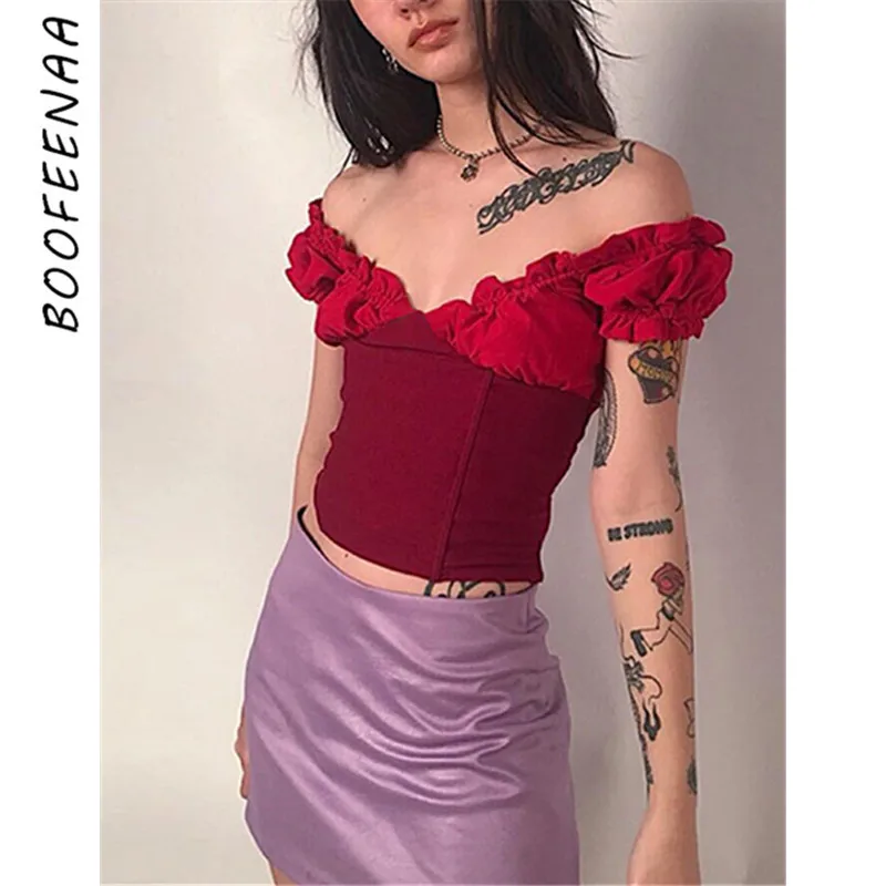BOOFEENAA Red Ruffle Off The Shoulder V Neck Backless Short Sleeve T