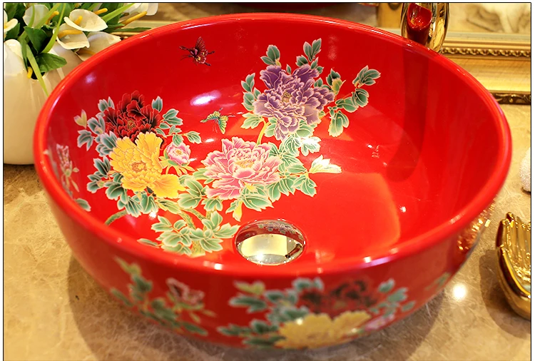 Europe Vintage Style Lavobo Ceramic Washing Basin Counter top Bathroom Sink hand painted vessel sinks Peony painting black (7)
