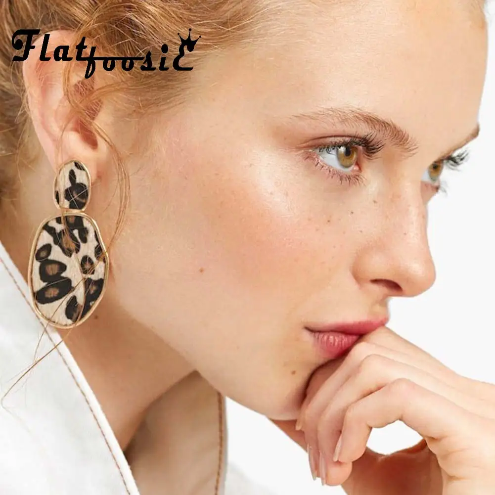 

Flatfoosie ZA Leopard Dangle Earrings For Women Fashion Geometric Round Long Vintage Statement Long Drop Earring Bohemia Jewelry