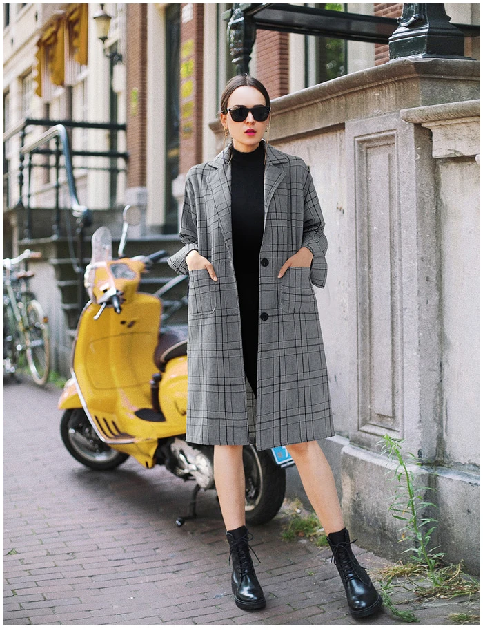 Mince Taille Longue Longues Large Automne Plaid Tranchée À Manteaux Conception Élégant Simple Porter Manches Printemps Classique Femmes zwSFq6gw