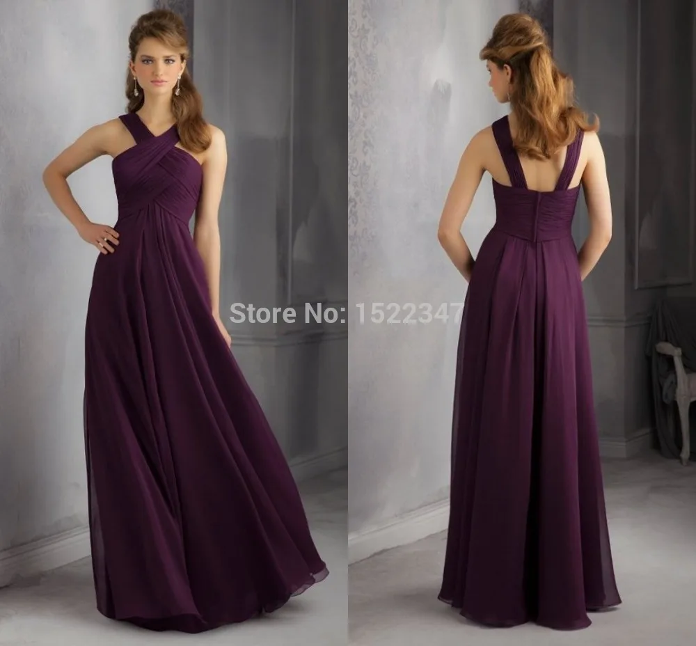 Free Shipping Long Chiffon Plum Bridesmaid Dresses 2015 For