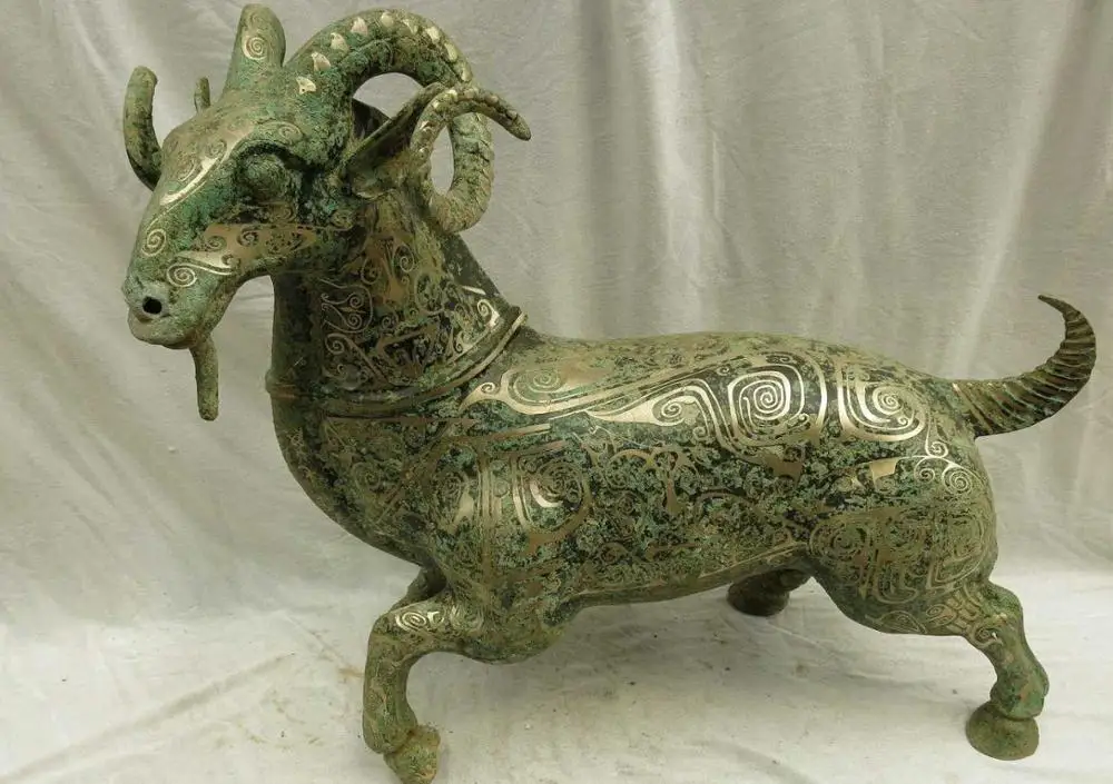 

21" China old bronze silver decorative design beautiful sheep sculpture Statue