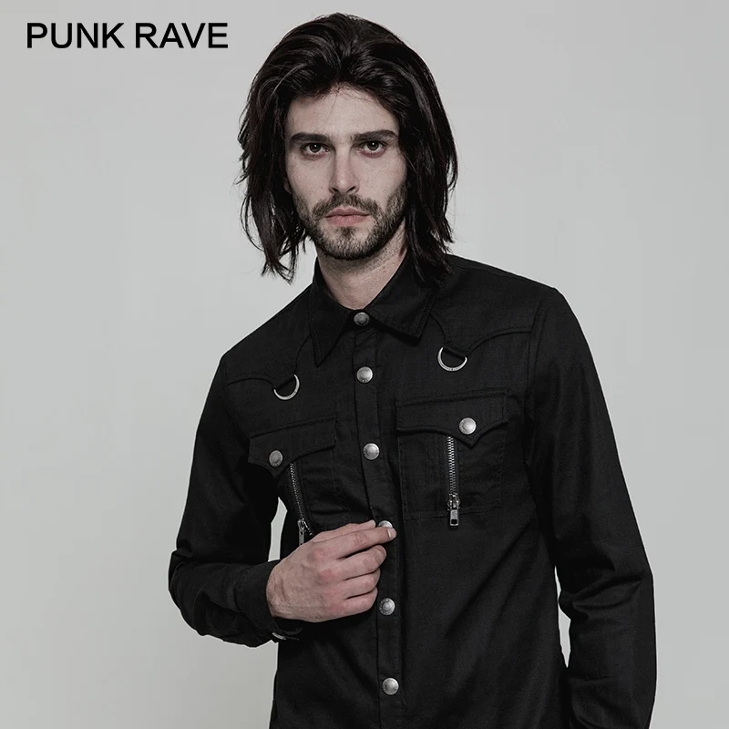 Панк РЕЙВ панк Для мужчин офисные воротник-стойка с длинным рукавом Повседневное черная рубашка на молнии "D" хлопок Для мужчин костюмы блузка