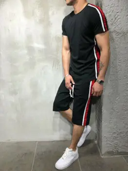 

2Pcs Summer Men Gym Sports Playsuit Short Sleeve T-shirt Top Bottom Sport Suit Sets Pants Trouses