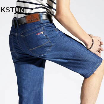 

KSTUN Mens Jeans Shorts 2019 Summer Stretch Denim Jeans Shorts Light Blue Straight Slim Smart Business Shorts Thin Breathable 35