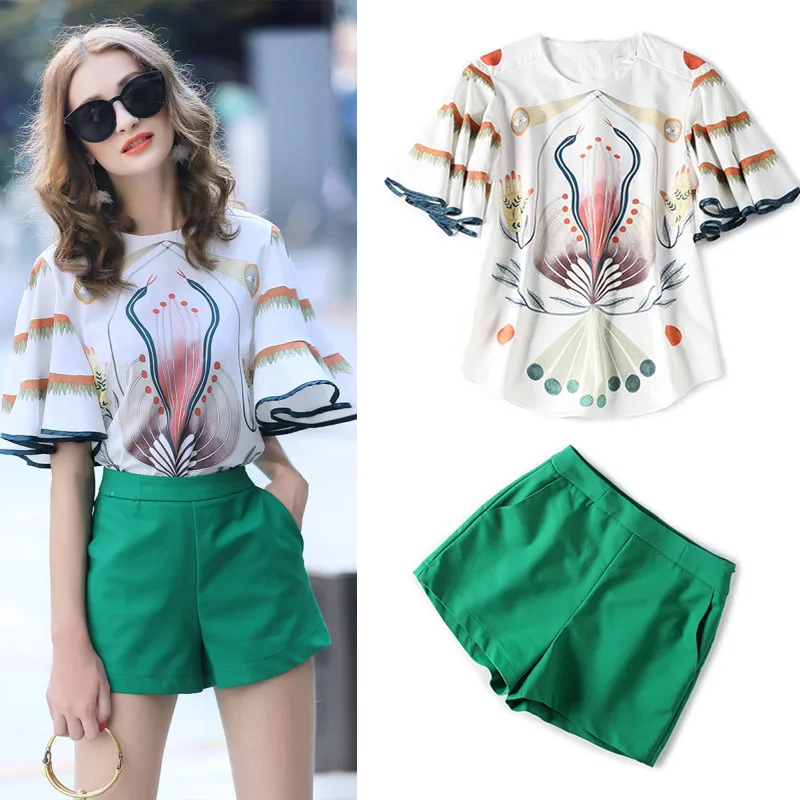 Runway Style Women's Summer Shorts Sets Vintage Flare Sleeve Graceful Blouses Tops + Green Slim