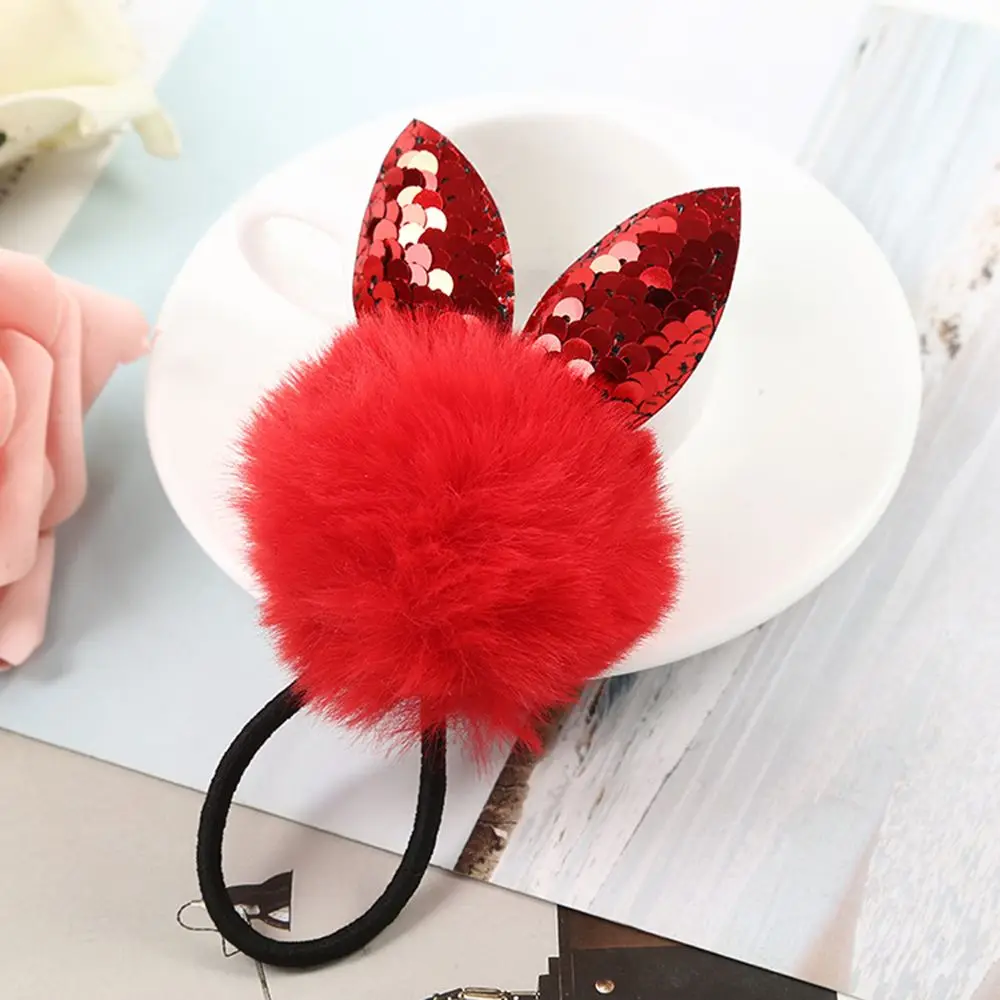 1 шт Искусственный кроличий мех мяч резинкой для волос милые девушки кошка уха помпоном волос веревки - Цвет: Красный