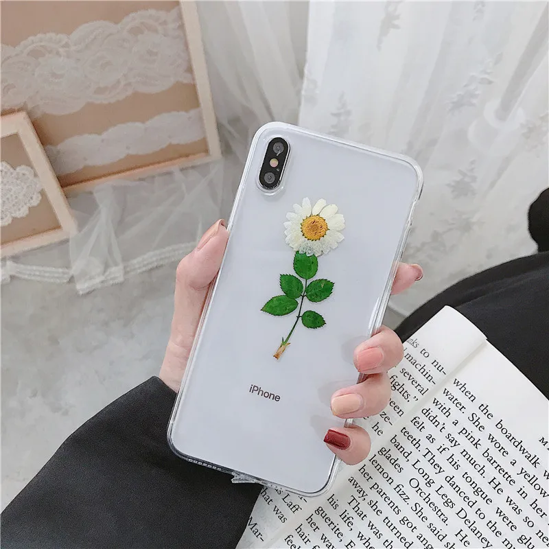 

Real Flowers Dried Flowers Transparent Drop Glue Back Cover for IPhone Xr X 6 6S 7 8 Plus Phone Case for Iphone XS Max Cover