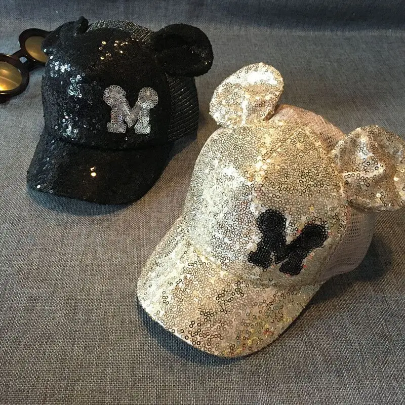 new lovely Baby Girls Sequins M letter Horn Lace Baseball Caps Children Snapback Mesh caps Adjustable Sun Hats Decoration