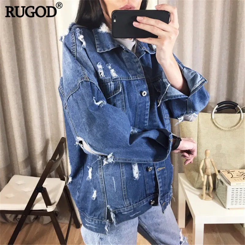RUGOD Basic Coat Bombers Vintage Fabric Patchwork Denim Jacket Women Cowboy Jeans 2019 Autumn Frayed Ripped Hole Jean Jacket