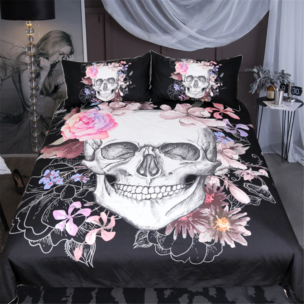 

Custom Made Sugar Skull and Floral Duvet Cover Set 3pcs Soft Bedclothes Flowers Printed Bedding Set Pink And Black Bed Cover