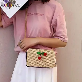 

Summer Beach Straw Bag Small Crossbody Handbags Women Cherry Decor Straw Woven PU Leather Shoulder Bags