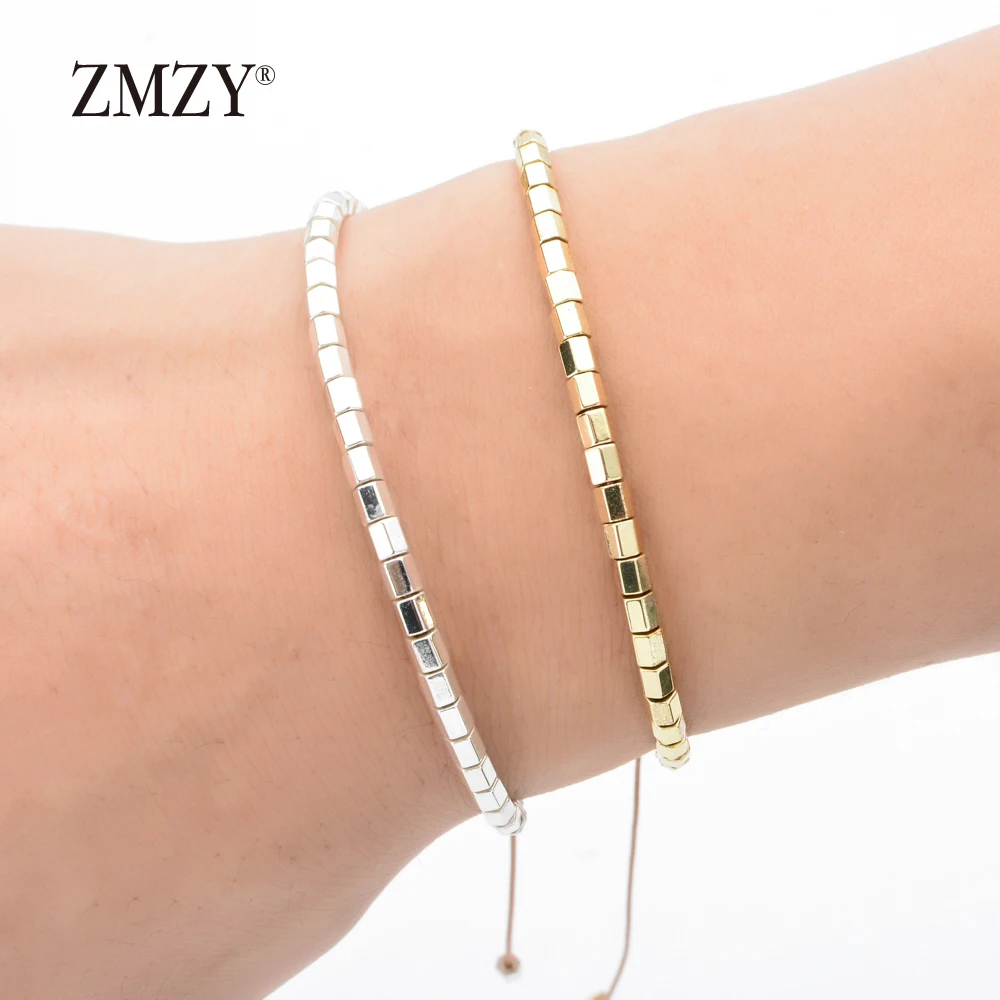 Cheap ZMZY Adjustable Square Gold/Silver Color Hematite Bracelets Minimalist Small Beads Braclet gzwO6lBM