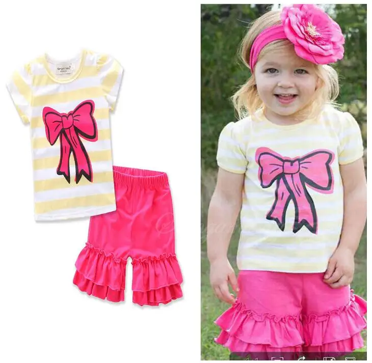 5sets/lot Toddler girls clothing sets kids clothes (shirt +pants) bow