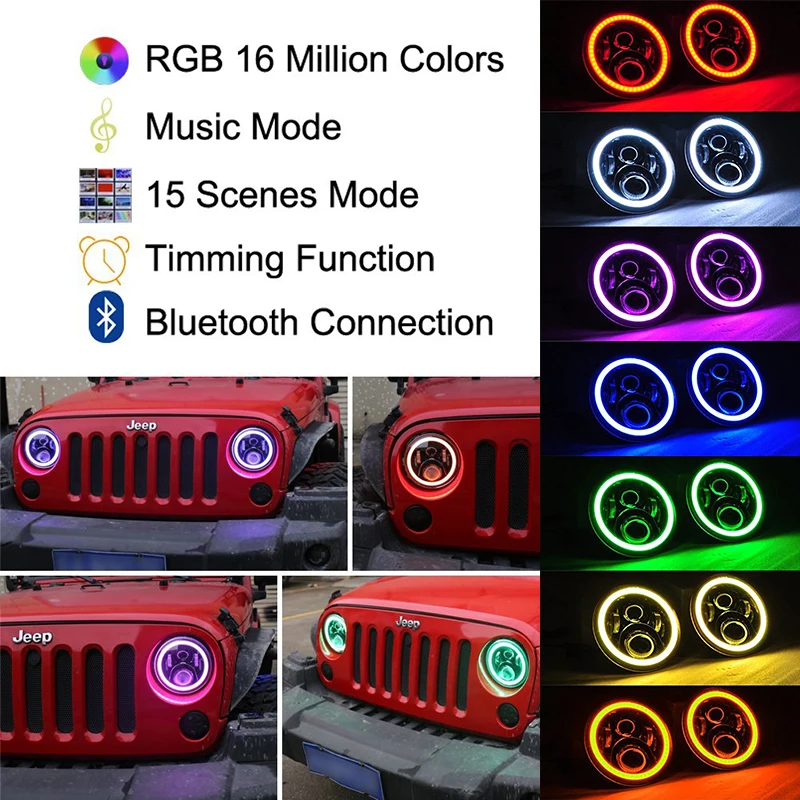 7 светодиодные фары лампы RGB гало глаза Ангела с Bluetooth пульт дистанционного управления для 97-16 Jeep Вранглер JK CJ на ЖЖ Хаммер Н1, Н2 фары 7 светодиодные фары лампы RGB гало глаза Ангела с Bluetooth пульт дистанционного управления для 97-16 Jeep Вранглер JK CJ на ЖЖ Хаммер Н1, Н2 фары