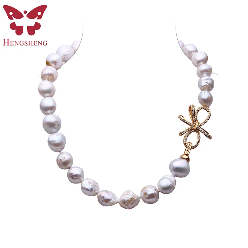 

HENGSHENG 2017 New Real Freshwater Braque Pearl Necklace For Women,Big Irregular Pearl,14.5-15 mm,Bow-Knot Gold Tail Buckle