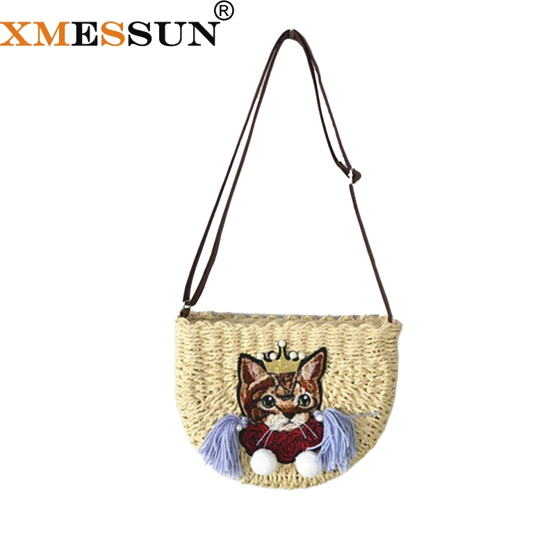 

XMESSUN 2019 Women Beach Straw Bags Summer Fashion Tassel Fringed Cat Woven Lady Bag Shoulder Messenger Travel Bag INS H219
