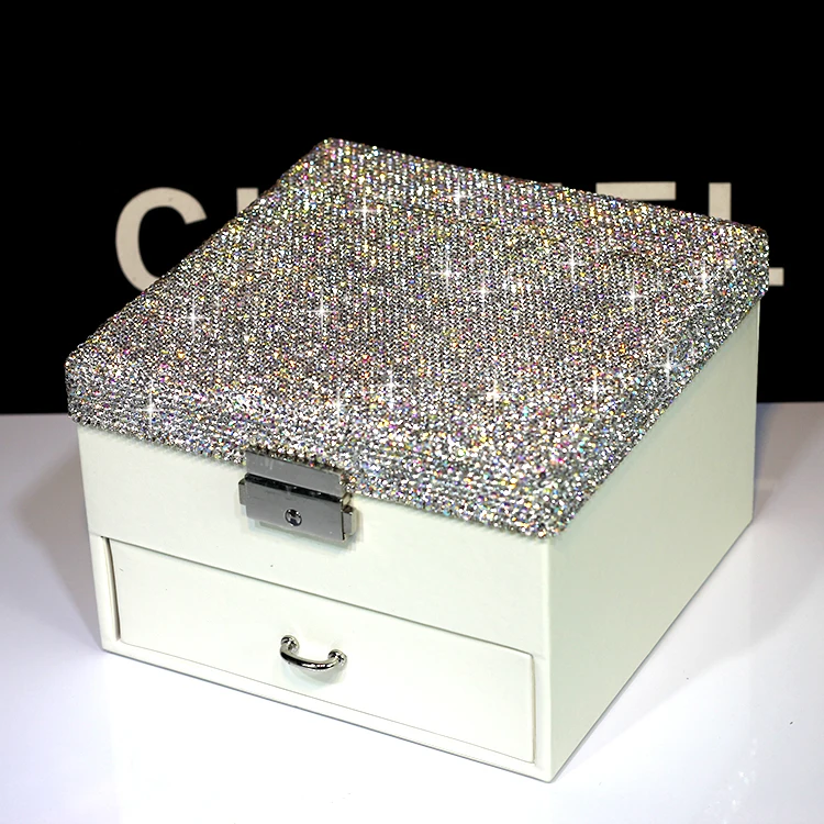  Jewelry box leather crystal with drawer and mirror Two-layer jewel box Rings Necklace Bracelet box  - 32978099487