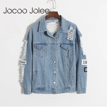 

Jocoo Jolee Women Autumn Vintage Denim Coat New Fashion Letter Patch Bomber Jacket Retro Blue Ripped Denim Coat Plus Size 3XL