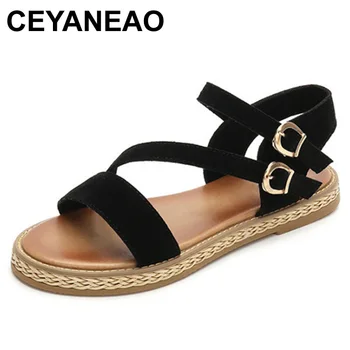

CEYANEAO 2019 new Korean version of the wild flat-bottomed tie comfortable sandals muffin thick-soled fashion Roman women's shoe