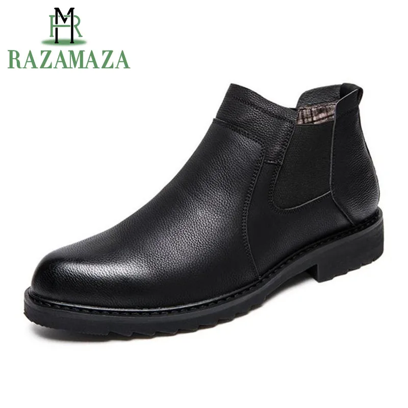 

RAZAMAZA Fashion Men Shoes Mature Ankle Boots Four Season Casual Slip On Boots Round Toe Low Heels Office Shoes Size 38-44