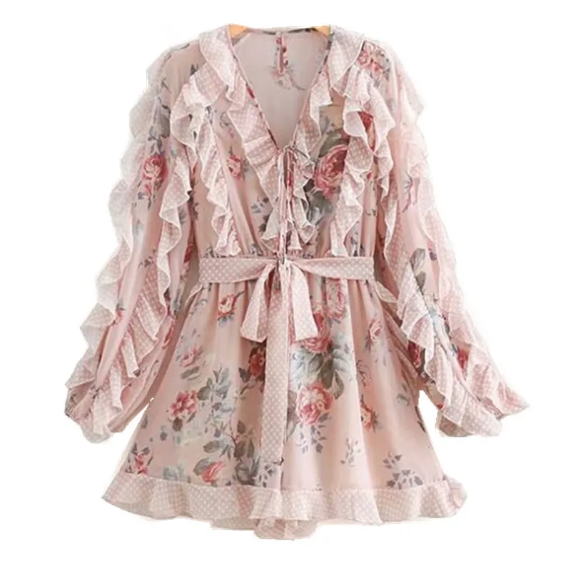 2019 Spring Sweet Polka Dot Floral Print Jumpsuit Pink Wood Ear Ruffles Flare Long Sleeve Bow Short Romper Overalls Bodysuit