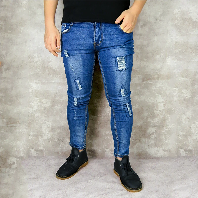2019 Men s New Jeans Blue Stretch Ankle length Pants Ripped Broken Man Torn Slim Skinny 5