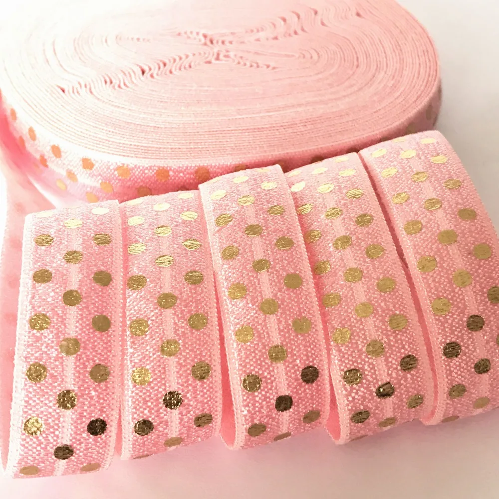 

5 Yards 5/8 inch Printed FOE Gold Metallic Polka Dot Print Pink Fold Over Elastic - Elastic for Baby Headbands and Hair Ties