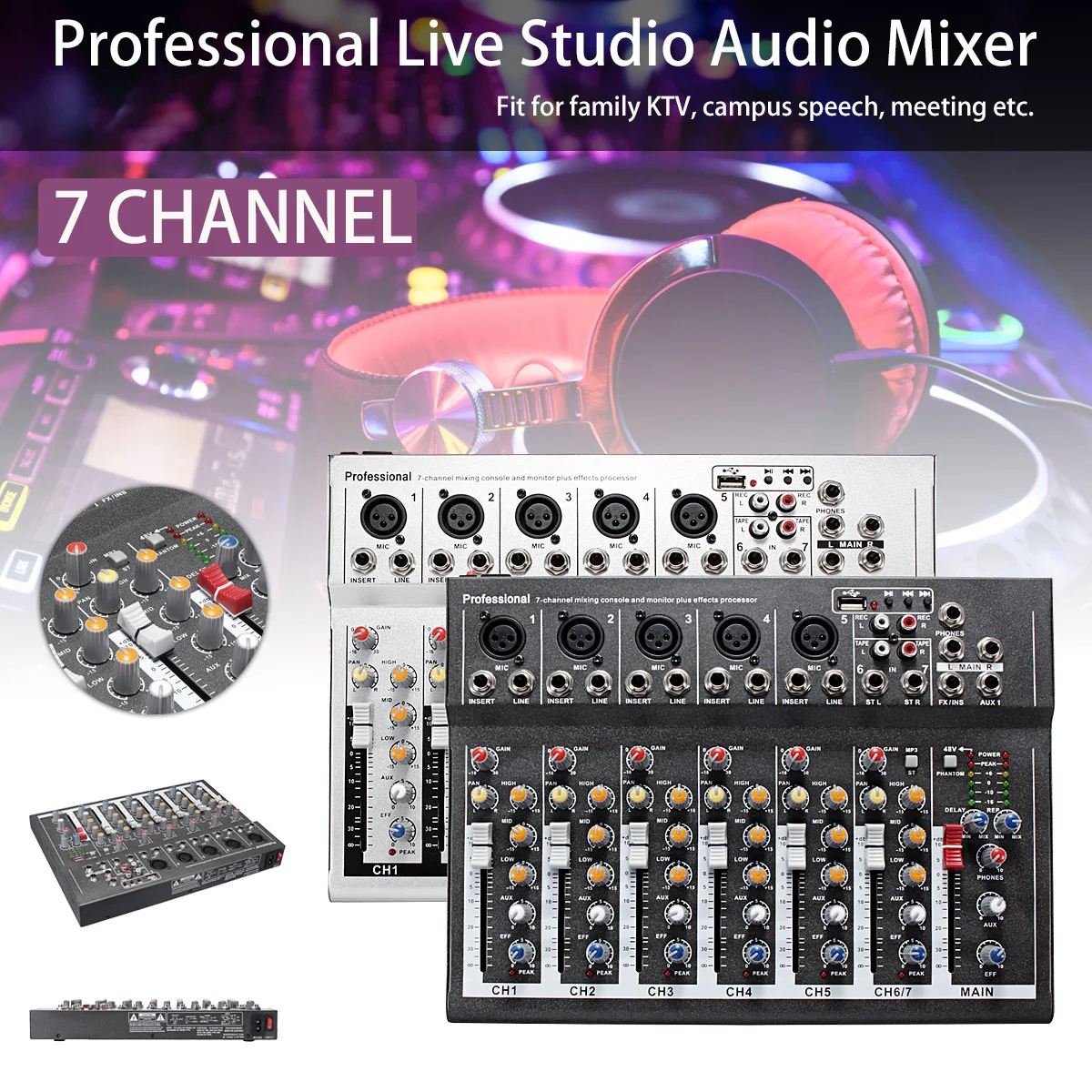 

Mini Portable 7 Channel Karaoke Audio Mixer Amplifier Digital Microphone Sound DJ Mixing Console for Family KTV White Black