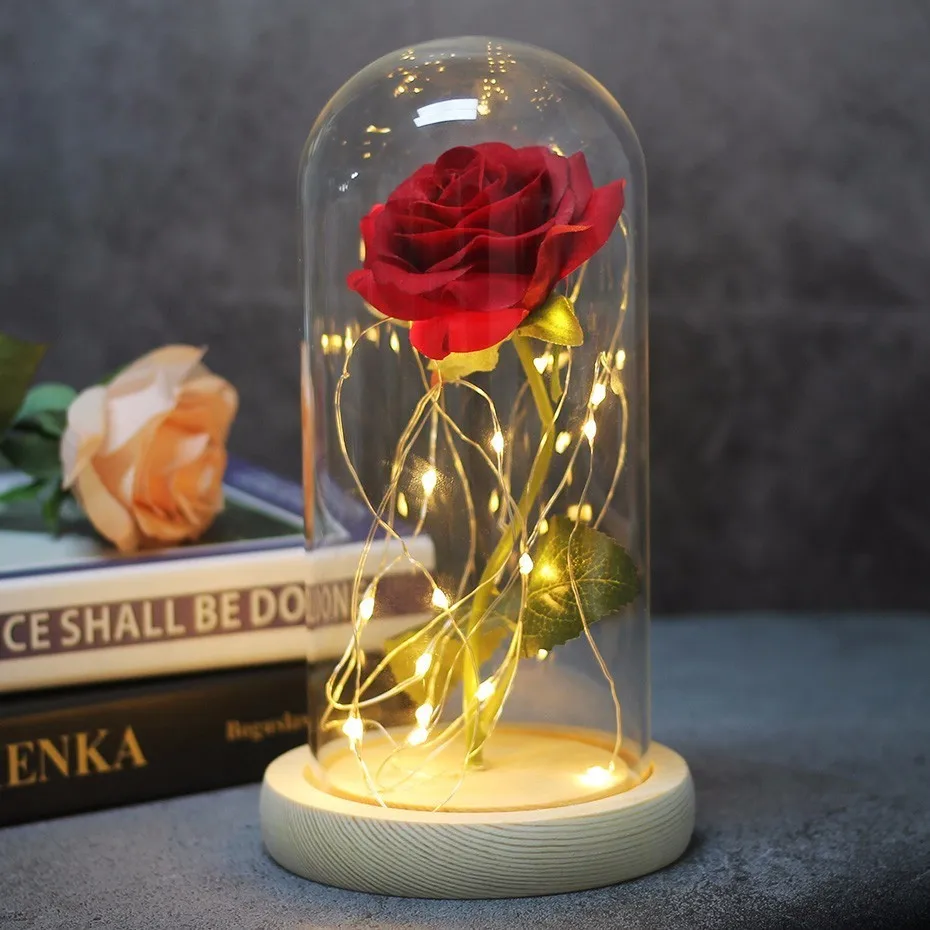 8 цветов Красота и чудовище красная роза в стеклянном куполе на деревянной основе для подарков Святого Валентина светодиодный лампы с розами Рождество - Цвет: Красный