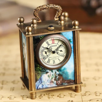 

Antique Bronze Casket Pocket Clock Home Decoration Watch Clock Retro Art Hand-wind Mechanical Watch Oil Painting Dial Mens Gifts