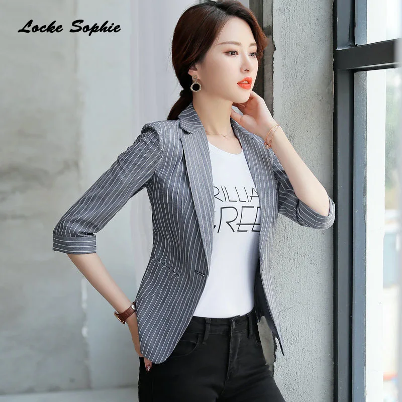 1pcs Women Plus size Blazers coats 2019 Autumn cotton blend Single button stripe Small Suits jackets ladies Skinny Blazers Suits