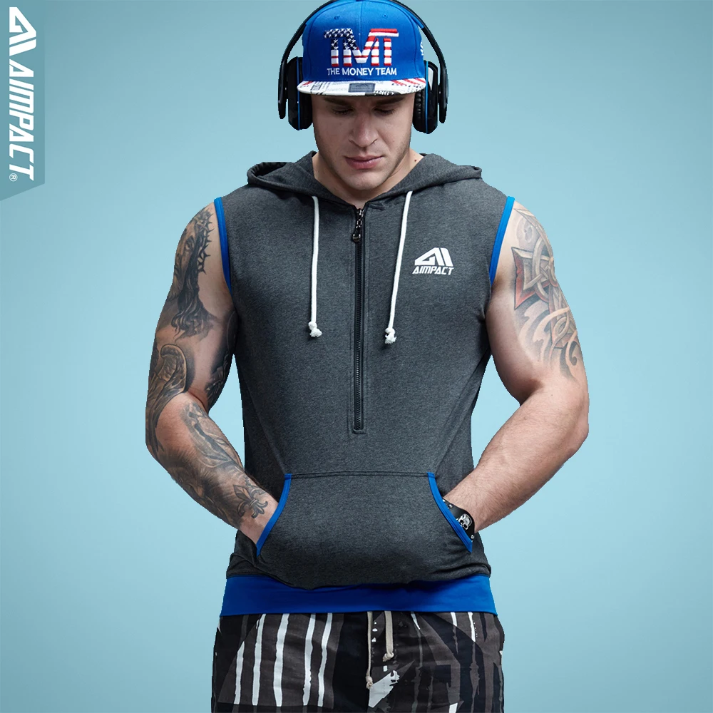 Aimpact Mens Fit Sleeveless Tapered Zip Hoodie Bodybuilding Tank Tops