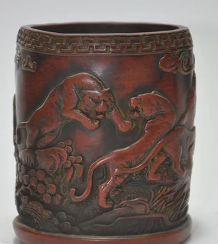 

china Artificial Redwood resin carved 5 tiger Pine statue brush pot pencil vase