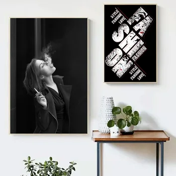 

Black White Girl Cigarette Smoke Fashion Nordic Posters And Prints Wall Art Canvas Painting Wall Pictures For Living Room Decor