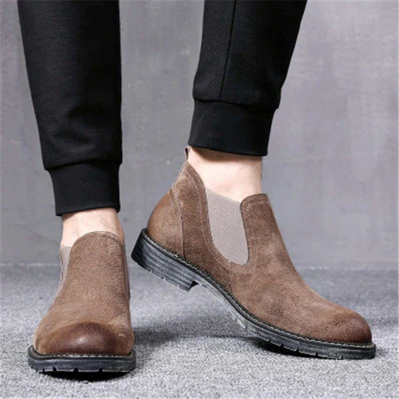Men Ankle boots Split Leather Slip-On Chelsea Boots British style Outdoor boots Male High-top shoes Tooling boots 02C