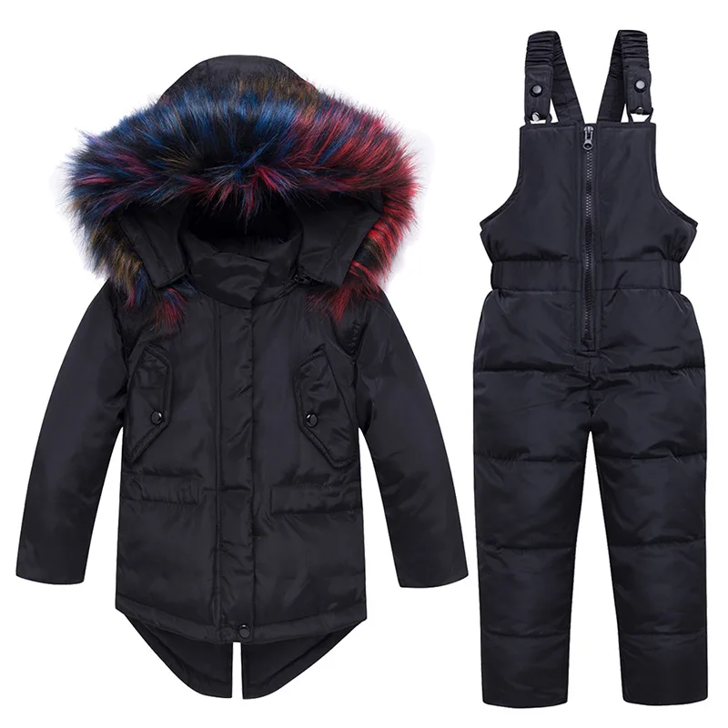 Зимние теплые куртки-пуховики для малышей, штаны пуховик с большим меховым капюшоном для маленьких мальчиков+ штаны с подтяжками, пальто для маленьких девочек-25 градусов - Цвет: Model 1 Black
